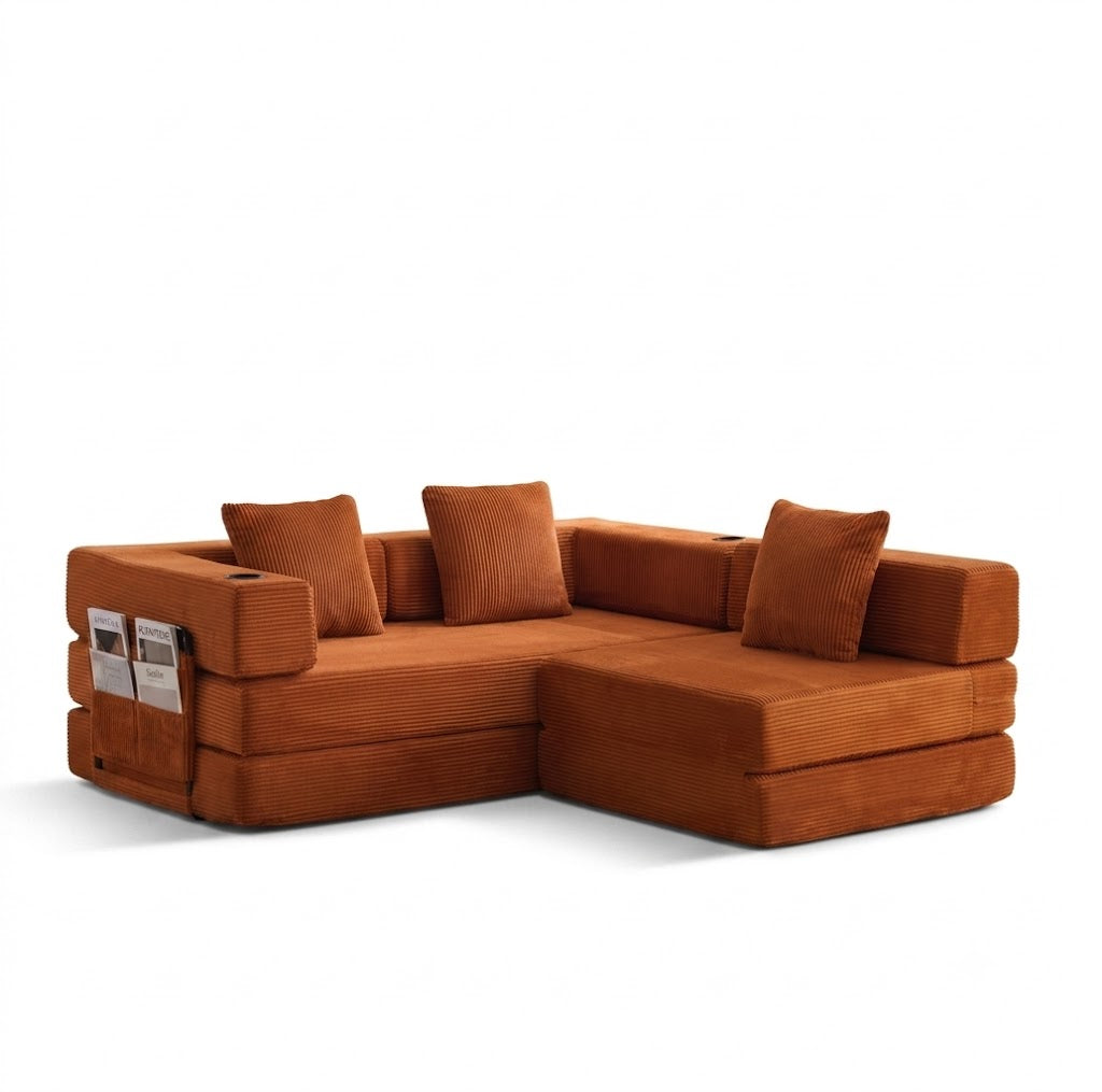 Canapé Lit Modulable Velours Côtelé Design | 3 Places Compact