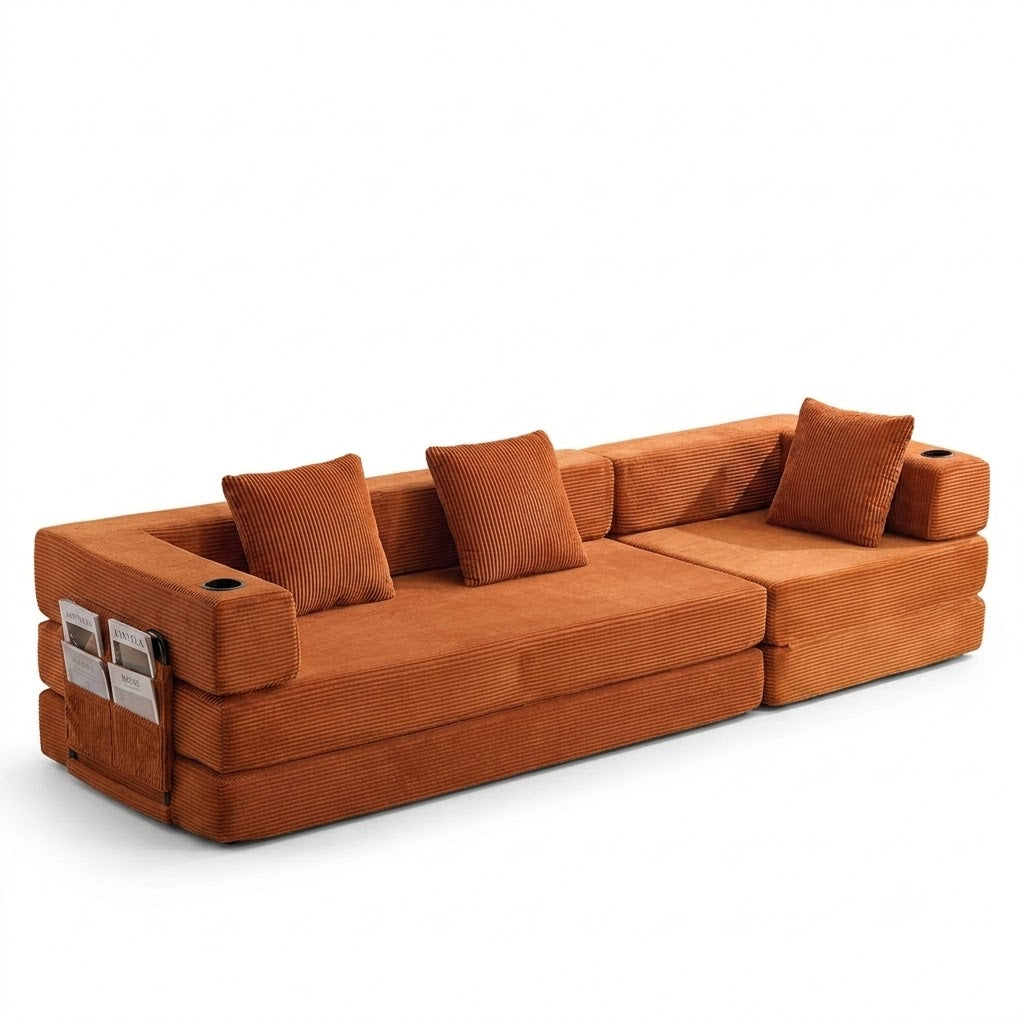 Canapé Lit Modulable Velours Côtelé Design | 3 Places Compact