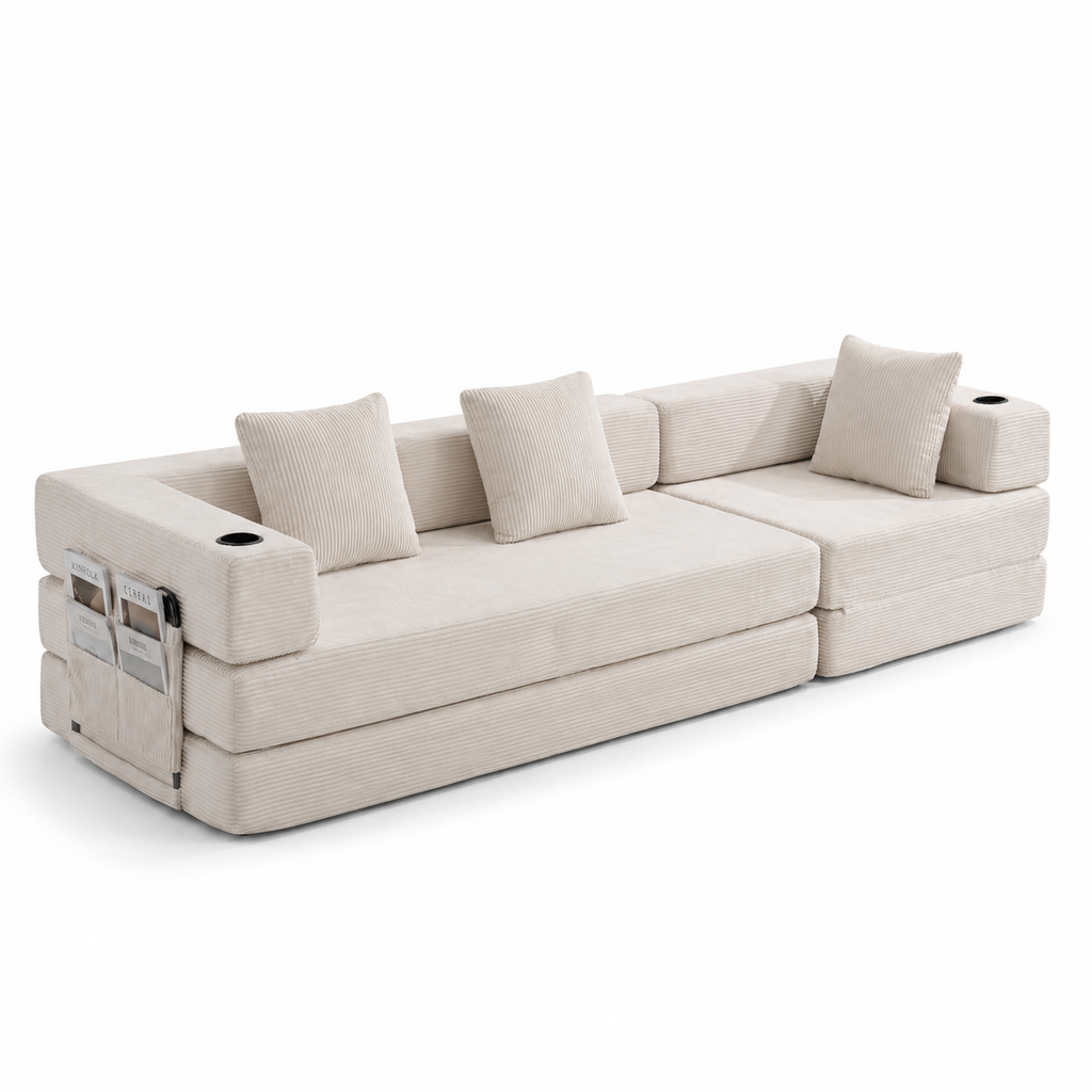 Canapé Lit Modulable Velours Côtelé Design | 3 Places Compact