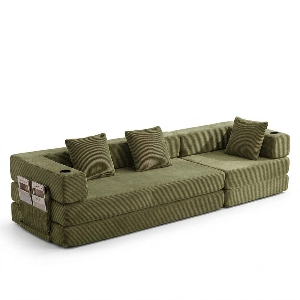 Canapé Lit Modulable Velours Côtelé Design | 3 Places Compact
