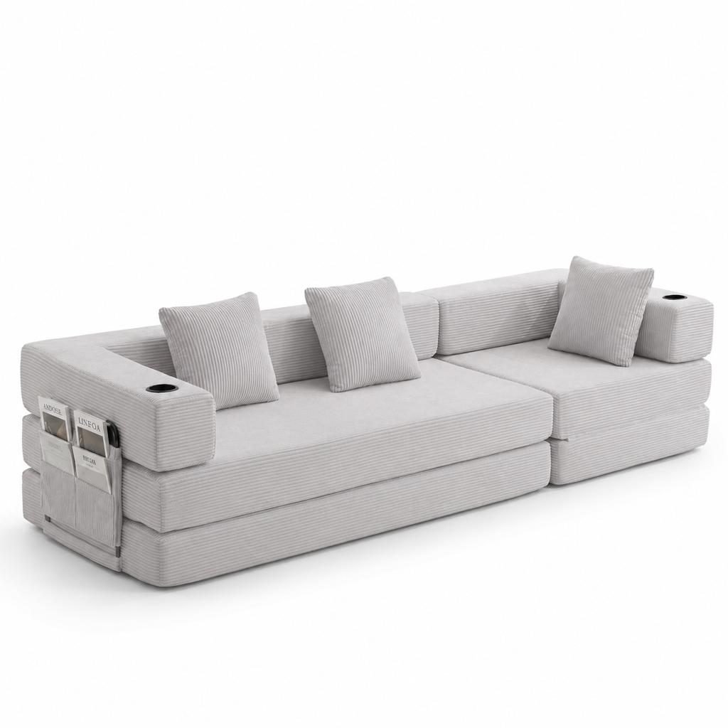 Canapé Lit Modulable Velours Côtelé Design | 3 Places Compact