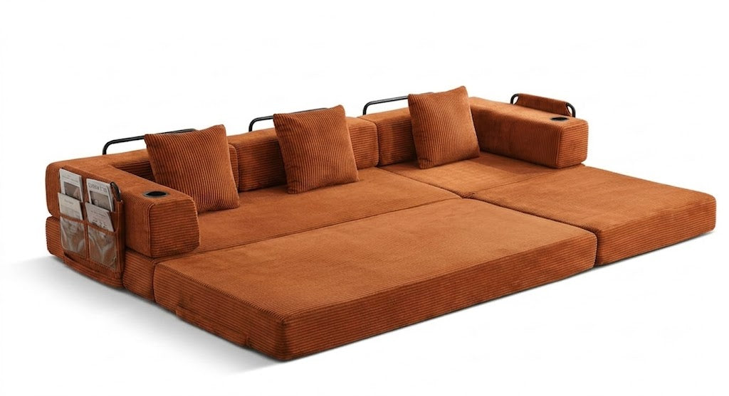 Canapé Lit Modulable Velours Côtelé Design | 3 Places Compact
