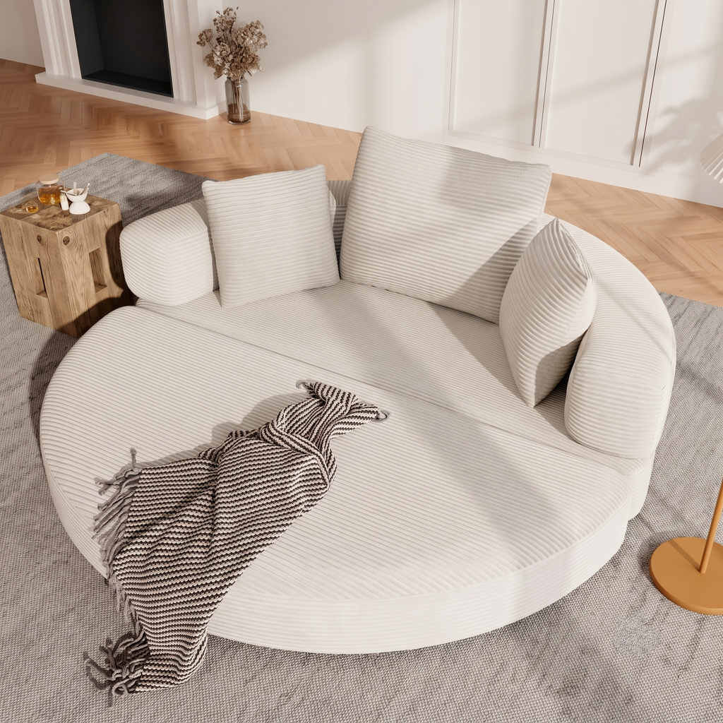 Canapé Lit Demi Cercle en Velours Côtelé Blanc Cassé – Sans Cadre, Pliable