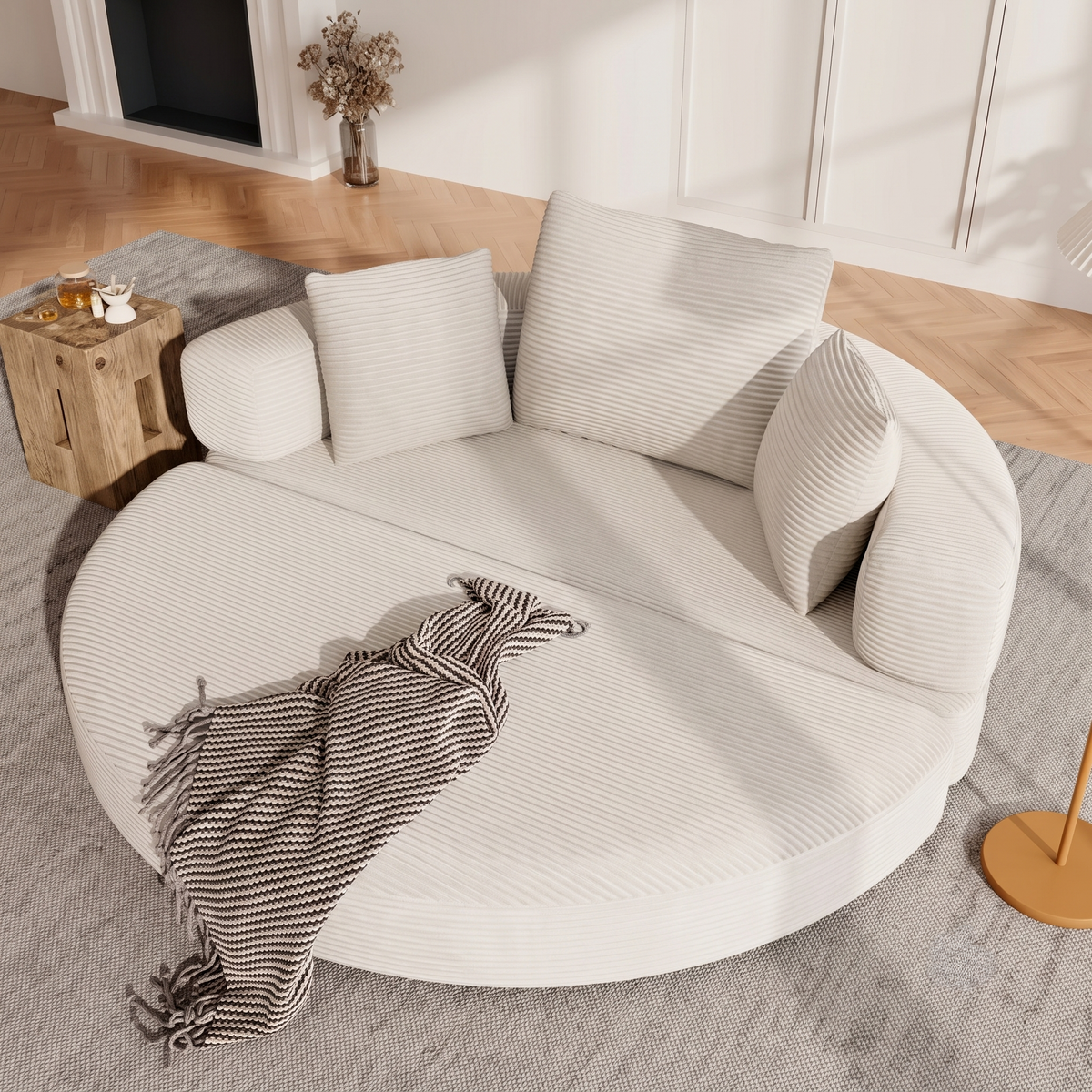 Canapé Lit Demi Cercle en Velours Côtelé Blanc Cassé – Sans Cadre, Pliable