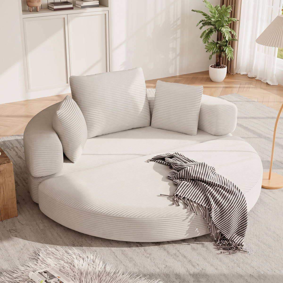 Canapé Lit Demi Cercle en Velours Côtelé Blanc Cassé – Sans Cadre, Pliable