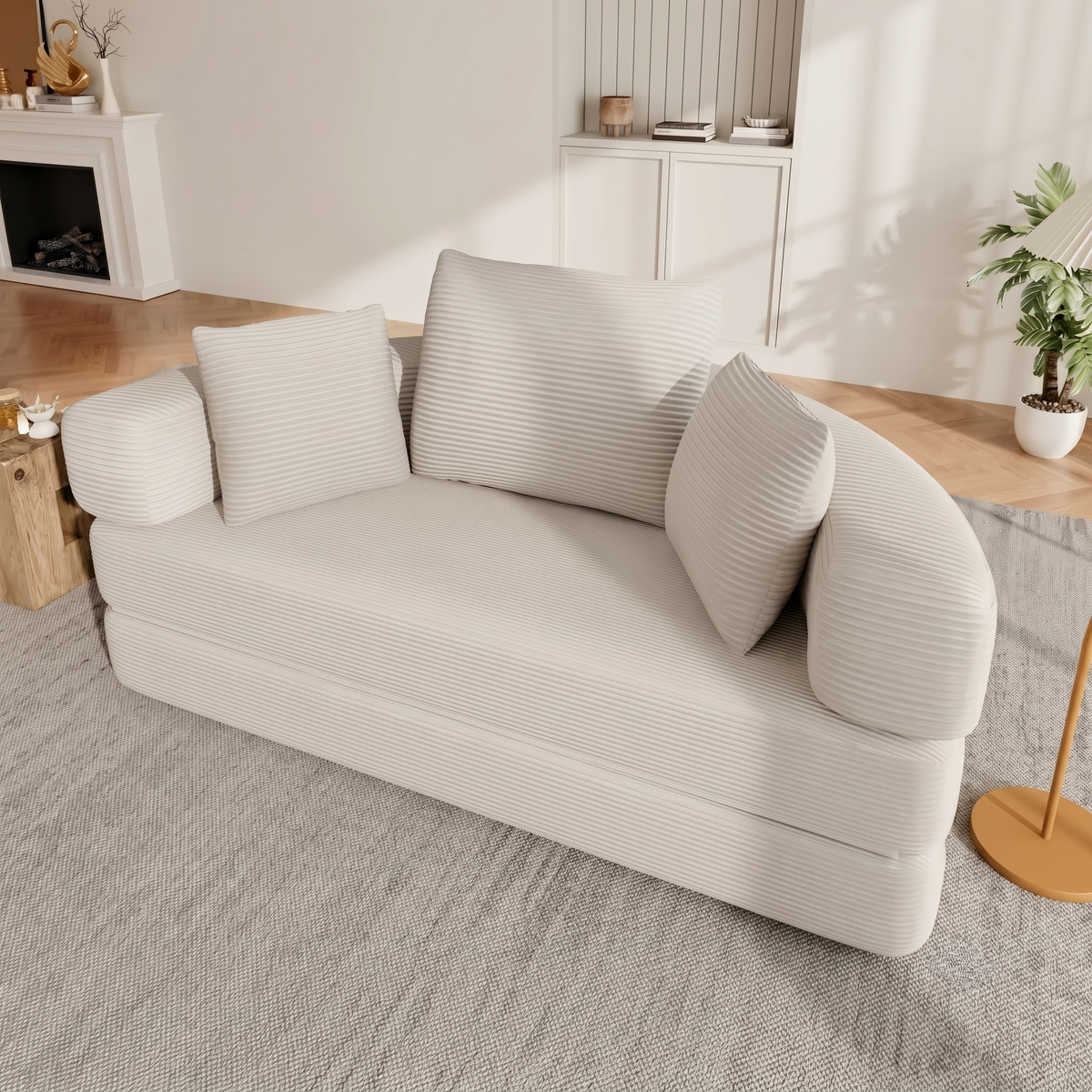 Canapé Lit Demi Cercle en Velours Côtelé Blanc Cassé – Sans Cadre, Pliable
