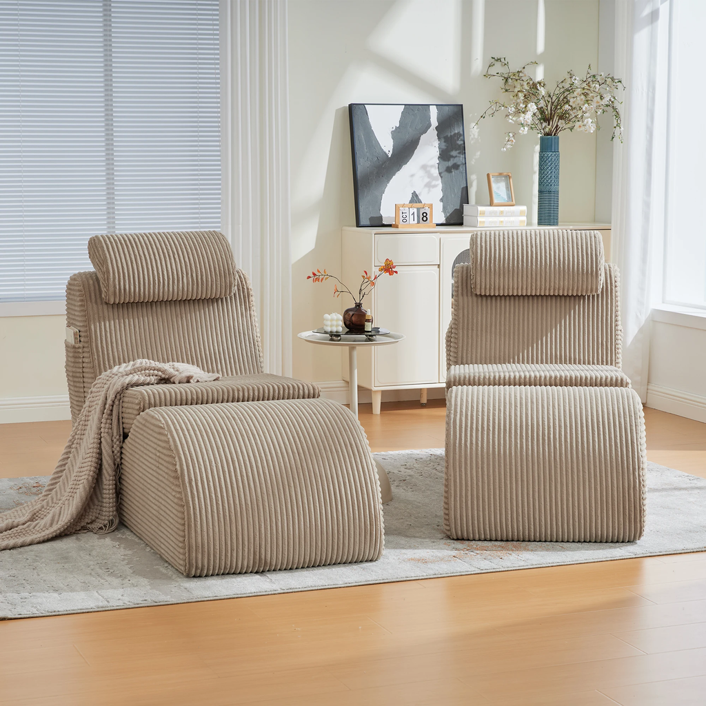 Siège de relaxation en velours côtelé avec repose-pieds intégré